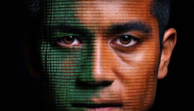 Mans Face Split Between Human and Digital Pixels.