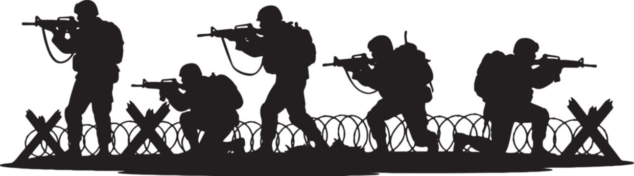 Black silhouette illustration of armed military soldiers in tactical gear with rifles, standing and kneeling behind barbed wire and anti-tank obstacles on a white background.