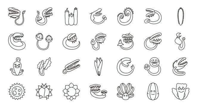 Minimalist Outline Icon Set Featuring Various Carnivorous Plants, Venus Flytraps, Mutated Vegetables, Monster Flora, and Whimsical Botanical Creatures on a Plain White Background.