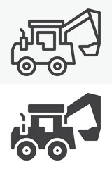 Naklejka premium Tractor loader icon in line outline and solid icon versions. Editable stroke vector sign symbol showing a tractor-style loader icon with bucket for site work.