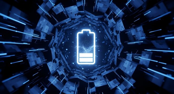 Digital Power A glowing neon battery icon charging inside a fast-moving electronic tunnel.