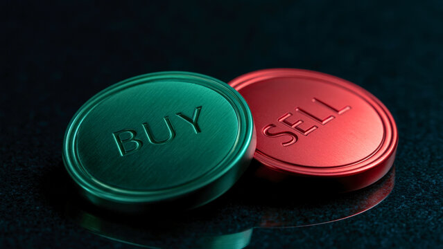 Green buy and red sell trading coins on a dark reflective surface with business