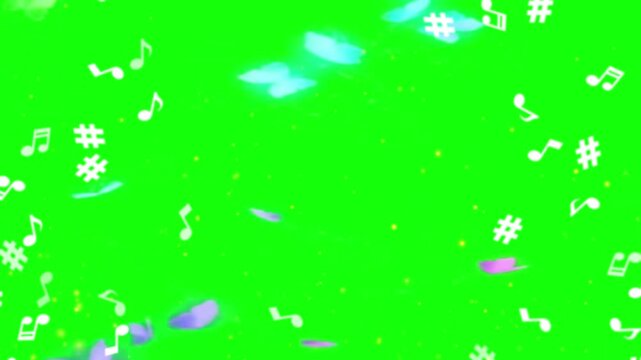 A creative arrangement of white musical notes and symbols forming a smiley face on a bright green background with colorful confetti