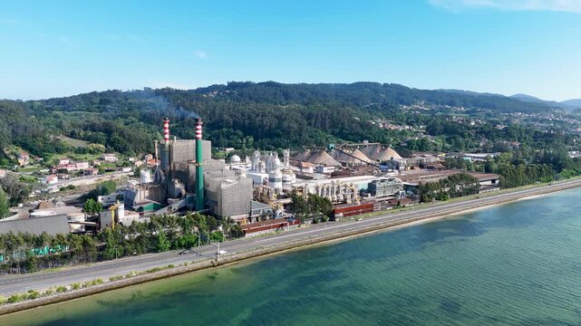 Aerial view of Ence biofactory in Ria de Pontevedra, Spain