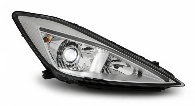 Modern automotive headlight assembly featuring clear glass lens and metallic interior reflectors isolated against a plain white studio background surface