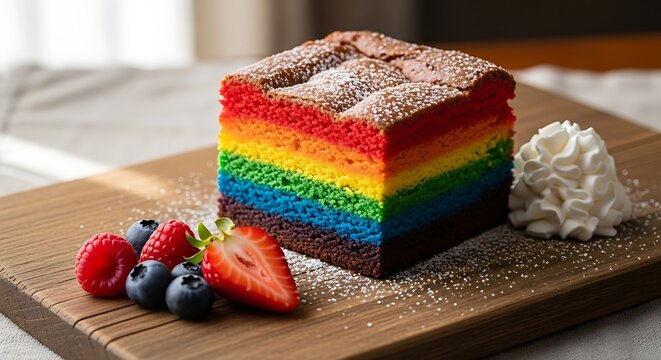 Delicious Rainbow Layer Cake Slice with Fresh Berries and Whipped Cream.
