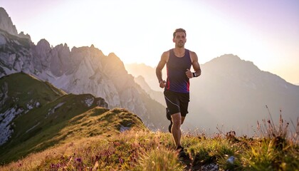 Fototapeta premium Determined male athlete running along a scenic mountain ridge at golden sunrise. Inspiring concept of freedom, fitness, and perseverance, perfect for outdoor adventure campaigns.