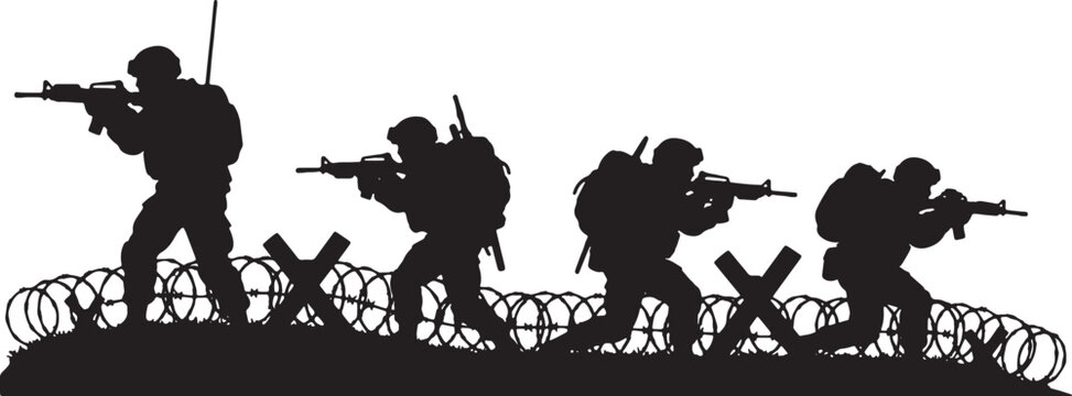 Silhouette illustration of a group of four soldiers advancing through a war zone with barbed wire and anti-tank obstacles, carrying tactical gear and rifles on white background.
