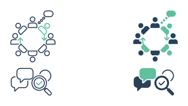 Group consensus feedback icon with magnifying glass and checkmark for quality assurance and collaborative decision verification vector design