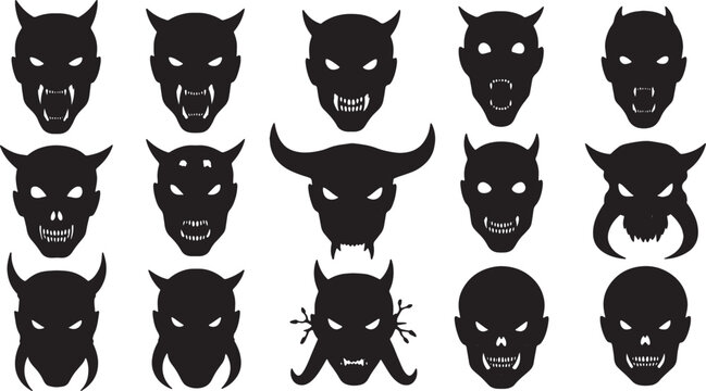 Collection of fifteen black silhouette illustrations of demonic heads and devil masks featuring various horns, sharp teeth, and menacing expressions on a white background.