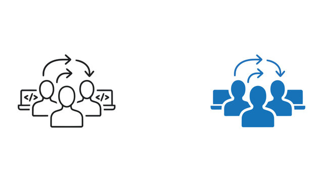 Software development team collaboration with code brackets and arrow workflow icons