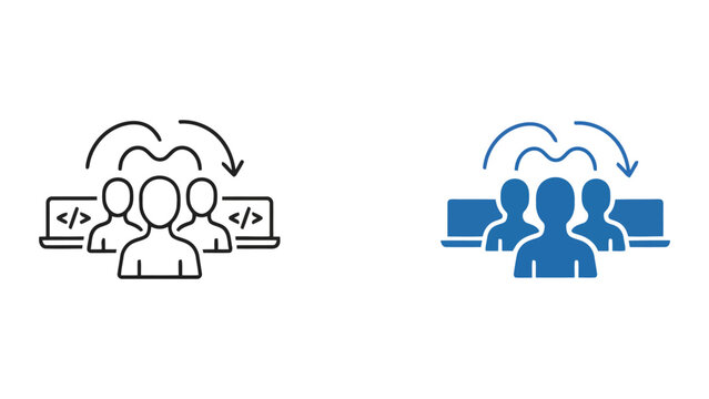 Business team coding and software development icon set featuring collaborative programming and tech workflow management in professional vector flat design style isolated on white background
