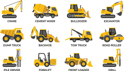  Yellow Cartoon Construction Vehicles and Heavy Machinery Vector Icon Set with Crane Excavator Bulldozer Dump Truck for Building Engineering Designs © ATAUR
