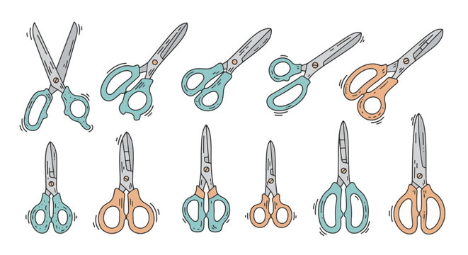 Collection of hand-drawn scissor illustrations with teal and orange handles. Features multiple styles of open and closed stationery shears for crafting, sewing, and school projects.