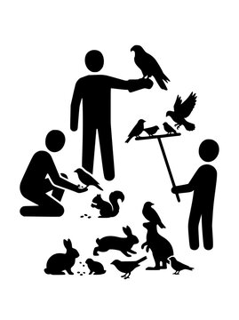 Silhouette of People Interacting with Wildlife Birds Rabbits and Squirrels