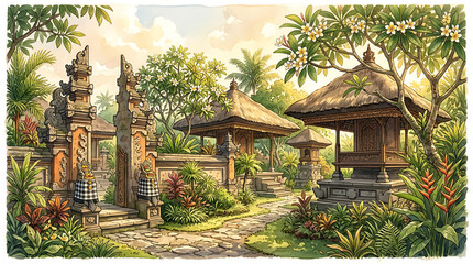 Obraz premium Watercolor Illustration of Balinese Hindu Temple Compound with Plumeria Garden and Offerings