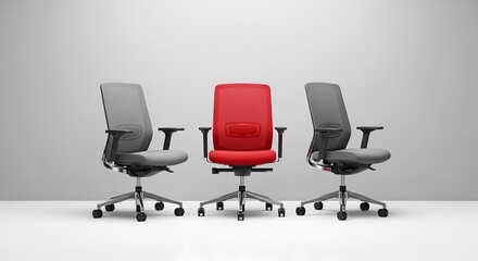 Obraz premium Office Selection A vibrant red office chair standing out between two standard gray mesh ergonomic chairs.