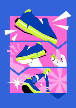 Modern Vector Illustration of Sneaker Care and Repair Process in Vibrant Comic Book Style Panels