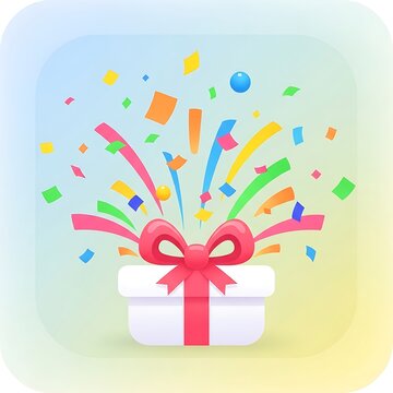 Festive gift box with exploding confetti and red ribbon.
