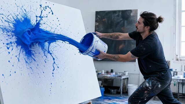 Professional Male Artist Throwing Vibrant Blue Paint on Large White Canvas in Art Studio