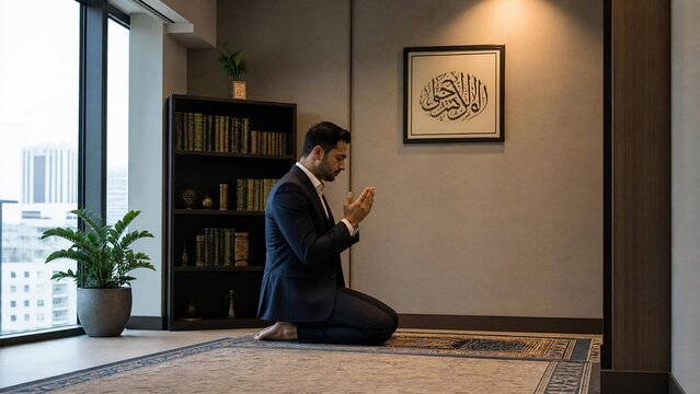 Successful Muslim Businessman Praying and Making Dua in Modern Office