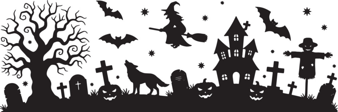 Halloween silhouette landscape featuring a spooky tree, flying witch on broomstick, bats, howling wolf, haunted house, graveyard tombstones, scarecrow, and jack-o-lantern pumpkins on white.