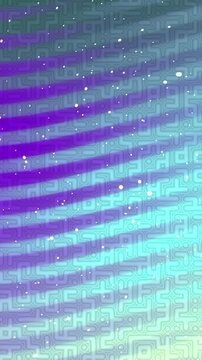 Abstract digital background with glowing purple and blue geometric patterns and particles.
