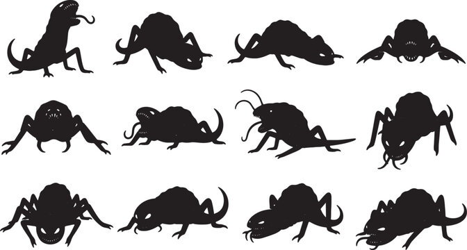 Collection of twelve black silhouette illustrations of alien monsters, insectoid creatures, and fantasy beasts with tentacles, claws, and multiple limbs on a white background.