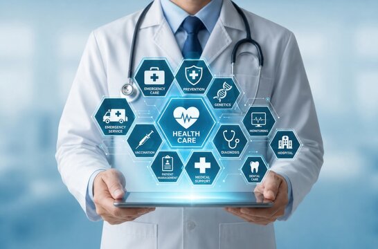 Doctor with Medical Healthcare Interface Displaying Digital Health, Patient Data, and Treatment Technology
