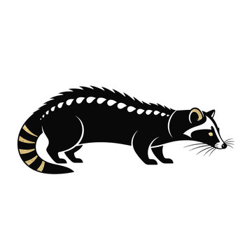 Stylized black silhouette of an exotic civet cat with gold glitter accents on the tail and ears, side profile of a wild viverrid mammal isolated on a plain white background.