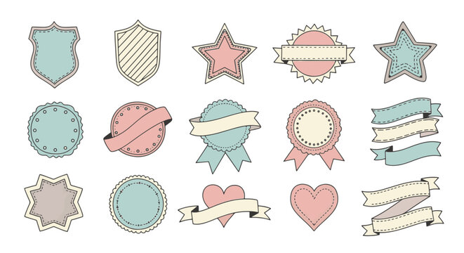 Large collection of cute hand-drawn vector badges, label frames, and decorative emblems in pastel pink, mint green, and beige featuring stars, shields, hearts, and ribbons.