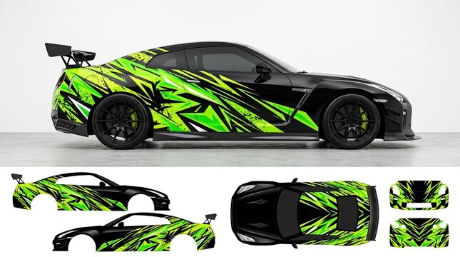 Lime green and black abstract vehicle wrap kit design.