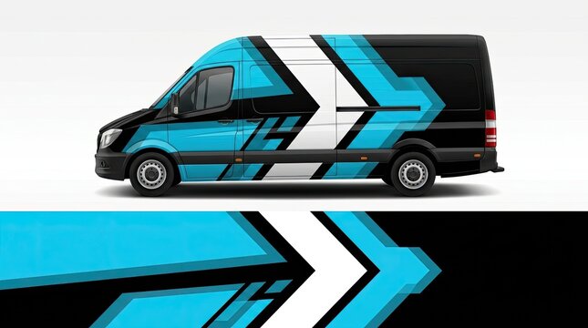 Modern geometric blue and white van wrap design.