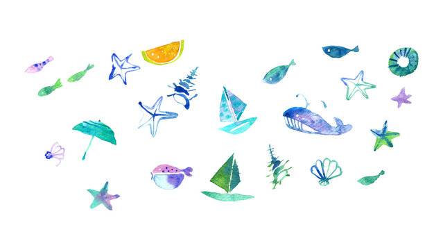 ヨットやクジラと海の生き物の夏モチーフの手描き水彩イラストセット素材
Watercolor illustration set of summer sea motifs with sailboats, whales, and fish