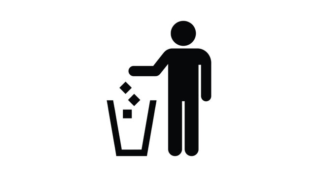 Minimalist vector illustration of a person disposing of waste into a black trash bin icon