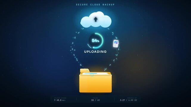 Secure cloud backup animation with folder uploading files and circular progress ring indicator