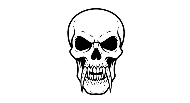 Intimidating black and white human skull illustration with sharp fangs, embodying a fierce and menacing concept for design projects and merchandise