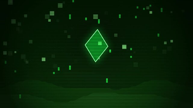 Futuristic abstract technology concept with glowing green geometric diamond shape and digital particles