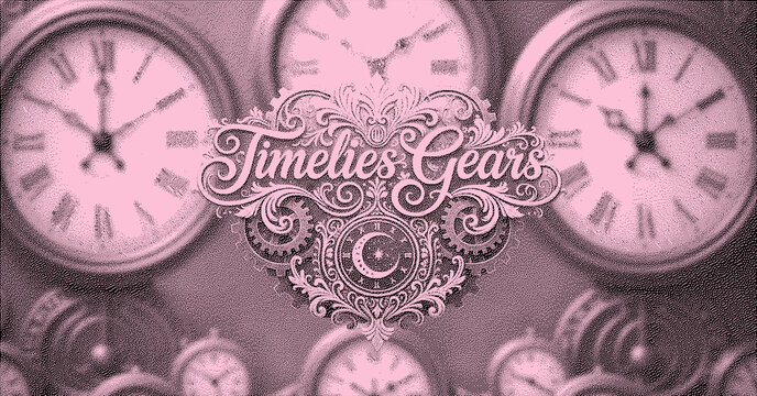 Steampunk "Timelies Gears" Typography Design with Clock Faces and Ornate Filigree, Stippled Retro Pink-Red Duotone Illustration