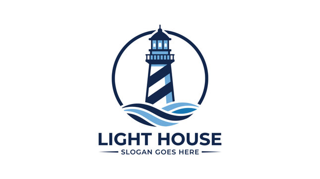 Minimalist vector illustration of a blue lighthouse logo design featuring stylized ocean waves and circles