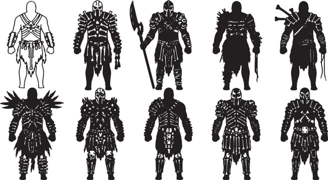 Collection of ten dark fantasy warrior silhouettes in bone armor and spiked helmets. High-contrast black and white character designs for concept art, games, and tribal tattoos.