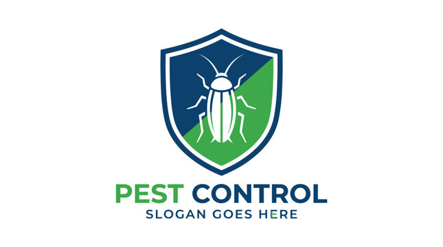 Professional pest control logo vector illustration featuring a protective shield icon with a white cockroach