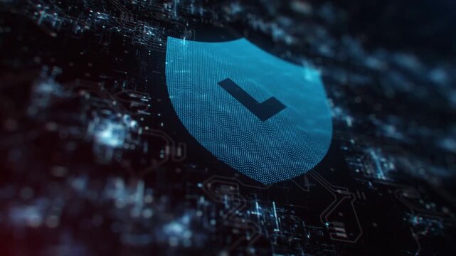 Futuristic Cybersecurity Technology Animation in Digital Shield icon and Lock. 3d Data Protection with ai. Computer System Background. Global Information Defence 4k. Cyber Network. Security Safety