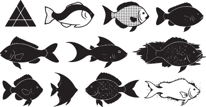 Monochrome collection of diverse fish silhouette illustrations and a geometric triangle logo icon. Includes various aquatic species, marine life shapes, and stylized nautical vector graphics.