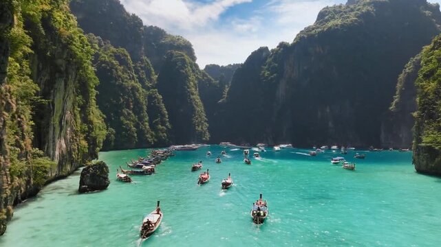 Tropical island bay with turquoise ocean water and many longtail boats sail in Phi Phi Thailand summer vacation travel destination exotic paradise scenery mountain cliffs 4k. nature sea ​​beach coast