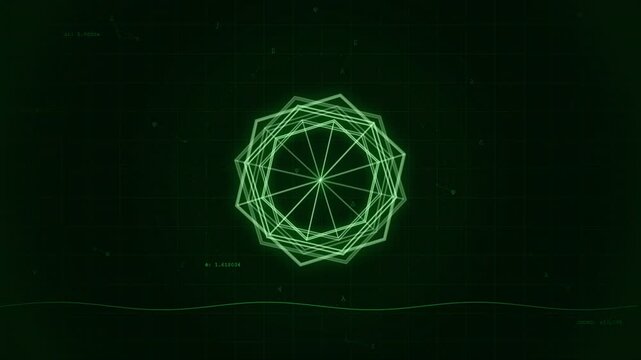 Abstract green geometric mandala animation on dark background with particle effects