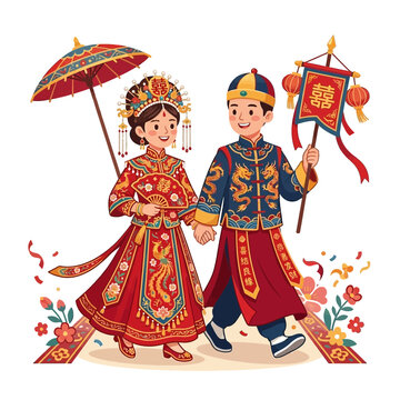 Chinese Wedding Couple Traditional Attire Holding Hands Umbrella Banner