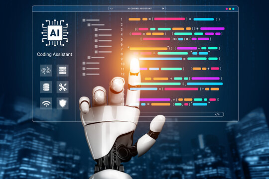 A robotic hand points at a vibrant coding interface, symbolizing the fusion of AI technology and programming in a modern urban setting, showcasing innovative digital interaction. Cyphers