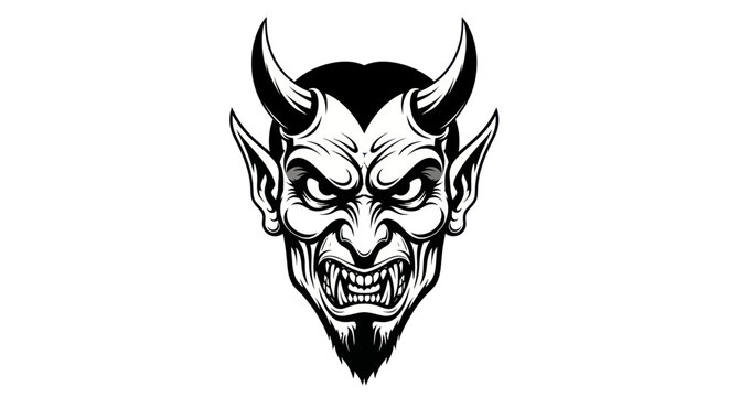 Scary Devil Face Illustration with Horns and Fangs