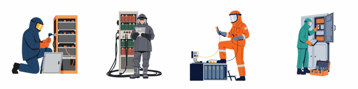 Electrical Technicians in Specialized Arc Flash Protective Suits Performing Maintenance and Inspection on High Voltage Industrial Battery Systems and Control Panels